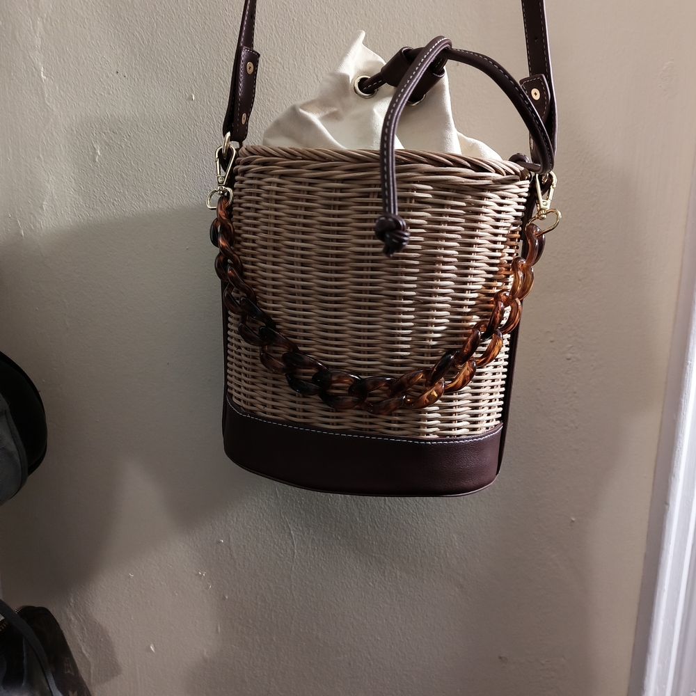 Brown Woven Bucket Bag with Chain Strap